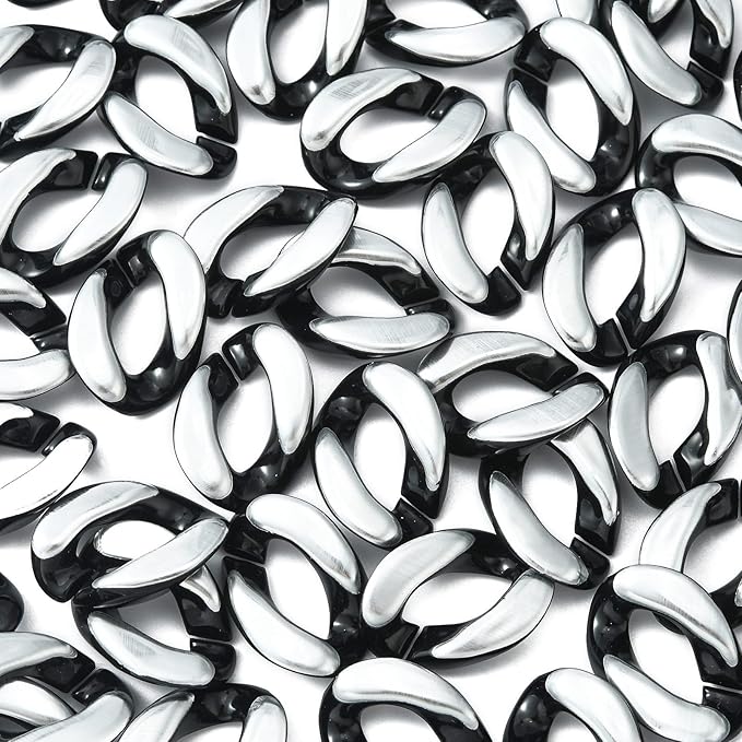 LiQunSweet 100 Pcs Black White Acrylic Plastic Oval Linking Chain Rings with Zebra Pattern Quick Link Connectors for Jewelry Making - 17x23mm