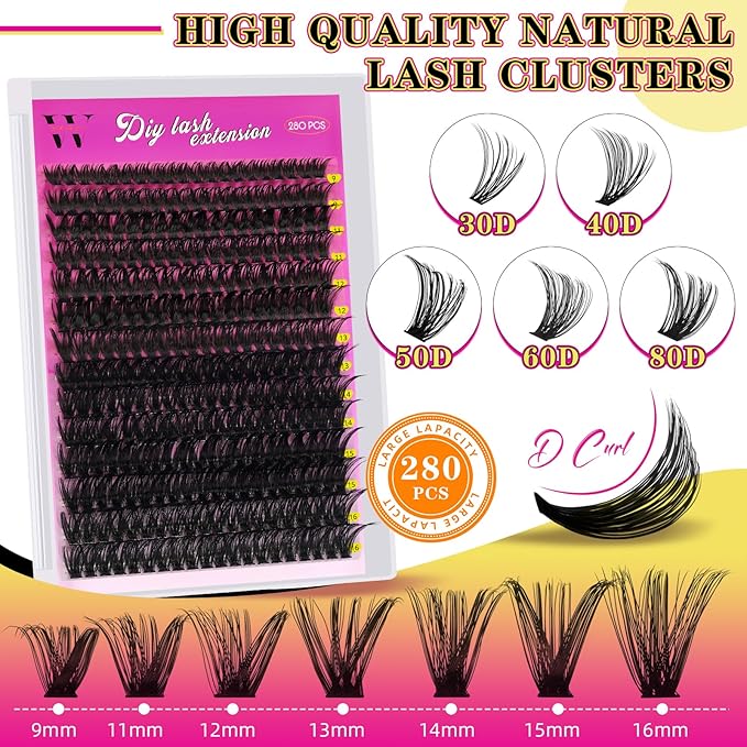 Lash Clusters 280PCS Individual Lashes D Curl Eyelash Clusters Mixed Length Cluster Eyelash Extensions Clusters Lashes with Thin Band Soft False Eyelashes DIY at Home(60D,D-Mix9-16mm)