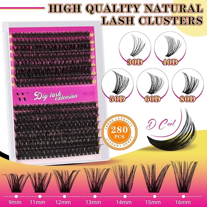 Lash Clusters 280PCS Individual Lashes D Curl Eyelash Clusters Mixed Length Cluster Eyelash Extensions Clusters Lashes with Thin Band Soft False Eyelashes DIY at Home(60D+80D,D-Mix9-16mm)