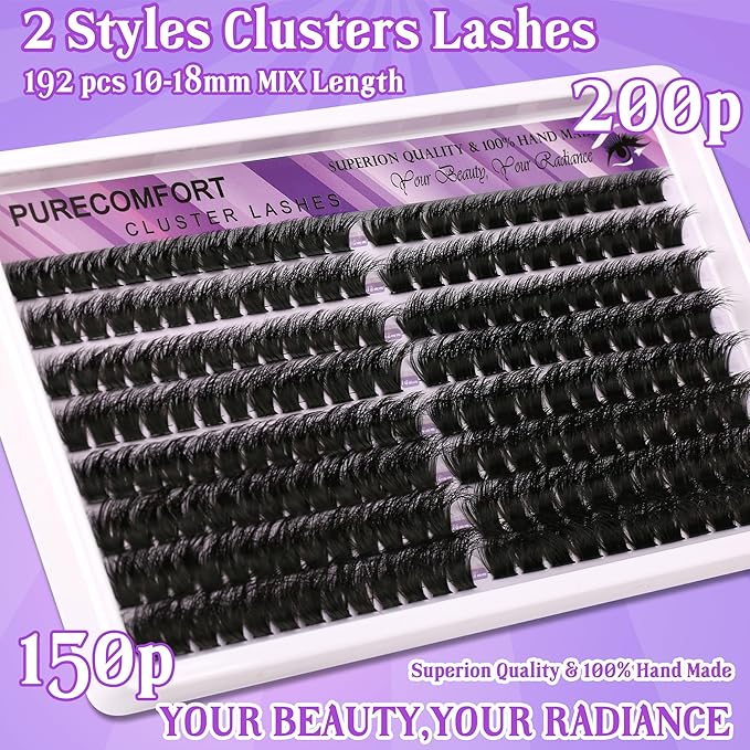 DIY Lash Extension Kit, 192 Cluster Lashes 2 Densities (150P/200P) 10-18mm Mixed Length, Knot-Free Handmade Lashes with Bond/Seal Glue, Remover & Tweezers, Beginner-Friendly for Daily & Party Looks