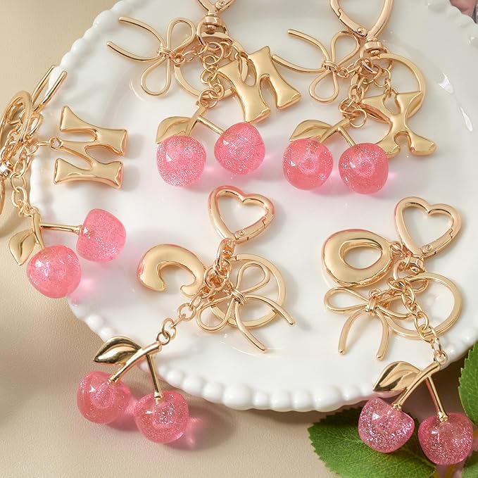 Snycler Bubble Initial Keychain with Cherry & Bow - Gold Letter Bag Charms for Women, Cute Purse Handbag Accessories