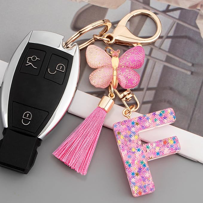 Suweibuke Cute Pink Key Chains for Women Girls, Initial Letter Keychains with Tassel, Charms for Key Purse Handbags Backpacks