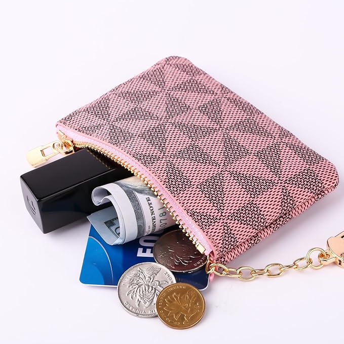 Leather Coin Purse for Women with KeyChain Small Zipper Change Purse coin Pouch Card Holder Wallet Clutch for Women & Men (Pink)