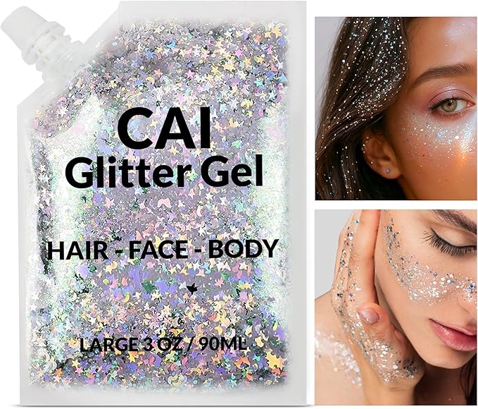 Face, Body & Hair Glitter Gel – Halloween Glitter for Kids and Women – 3 Oz Cosmetic-Grade Gel w/Moon & Stars for Festivals & Halloween Party, Easy Apply & Wash Off - Silver 1Pack