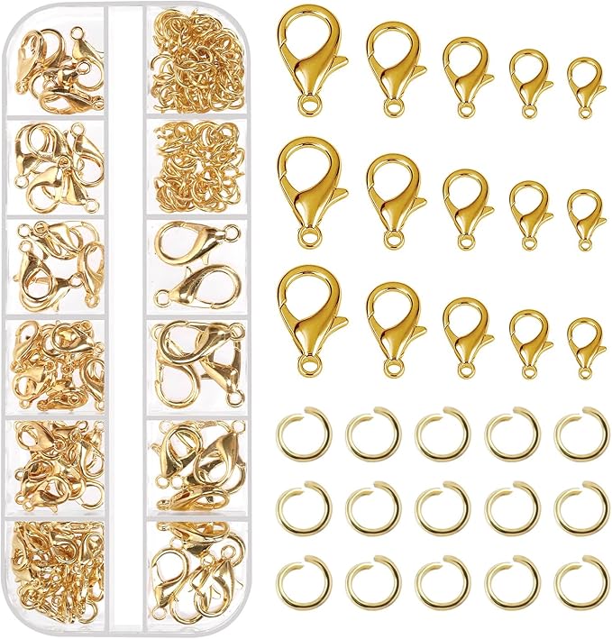 Tanstic 170Pcs Gold Lobster Claw Clasps with Open Jump Rings Kit, 10mm, 12mm, 14mm, 16mm, 18mm Alloy Small Jewelry Clasps Lobster Clasps and 6mm Jump Rings for DIY Jewelry Making