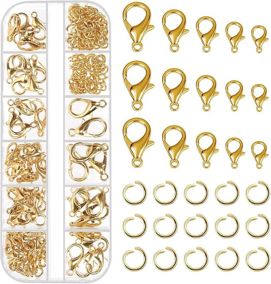 Tanstic 170Pcs Gold Lobster Claw Clasps with Open Jump Rings Kit, 10mm, 12mm, 14mm, 16mm, 18mm Alloy Small Jewelry Clasps Lobster Clasps and 6mm Jump Rings for DIY Jewelry Making