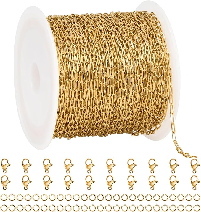 UMAOKANG 32.8 Feet Small Paperclip Chain for Jewelry Making Dainty Gold Plated Stainless Steel Chains Bulk on Spool