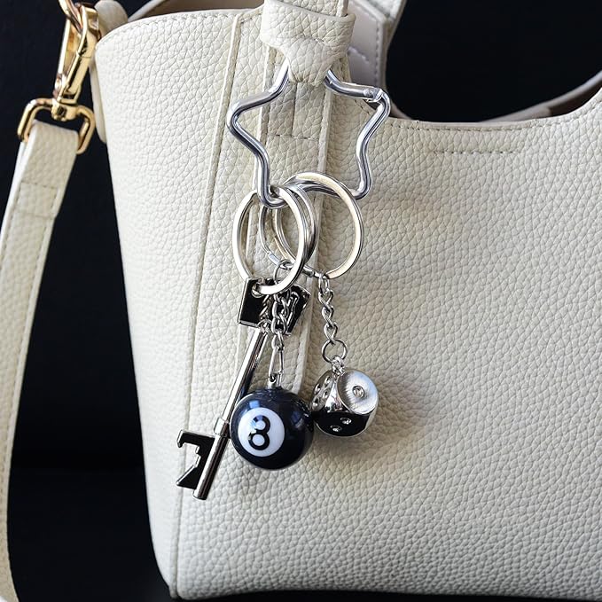 8 Ball Keychain Silver Star Key Chain Bottle Opener Dice Cute Bag Charm Decor for Handbag Backpack Gift for Him Her