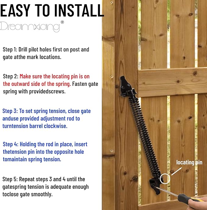 14" Gate Spring Self Closing Heavy Duty Outdoor Door Spring Automatic Fence Gate Closure Hardware Spring Loaded Gate Latch with Adjustable Tool for Wooden and Vinyl Fence, Black (2 Pack)