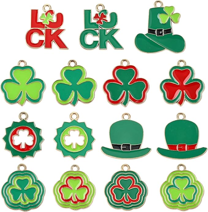 Stiesy 30 Pcs Mixed Styles St. Patrick's Day Theme Charms Pendants Enamel Luck Clover Leaf Green Hat Charms for Jewelry Crafts Necklace Bracelets Earring Making DIY Party Presents