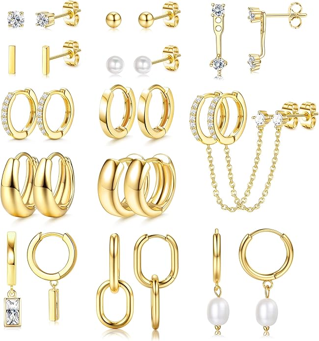 BESTEEL 13 Pairs Small Stud Hoop Earrings Set for Women Hypoallergenic Gold Plated Huggie Hoops Pearl Dainty Lightweight Earrings for Gift