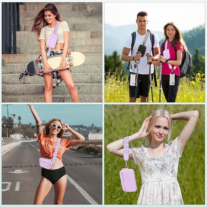 Clip and Go Strap for Phone with Wallet Crossbody, Adjustable Phone Lanyard with Detachable RFID Wristlet Wallet, Pattern Strap - Light Purple(L)