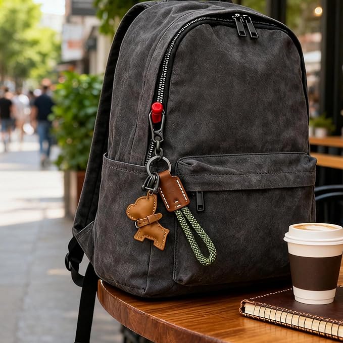 Handmade French Bulldog Keychain - Genuine Cowhide Leather & Braided Rope Car Key Fob Holder with D-Ring & Quick-Release, Cute Puppy Bag Charm Gift for Women Men (Brown Leather Green Rope)