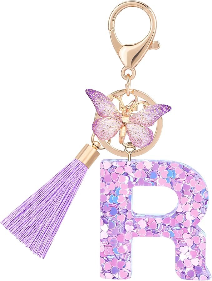 Initial letter Keychains for Women Girls Tassel Butterfly Cute Keychain for Wallet Backpack charm