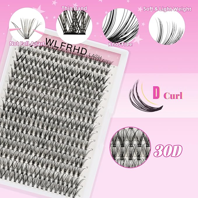 Lash Clusters Kit 320 Pcs DIY Individual Cluster Lashes D Curl Lash Extension Kit with Eyelash Bond and Seal, Remover, Tweezers Applicator Tool for False Eyelash Cluster Kit(30D, Mix9-16mm Kit)