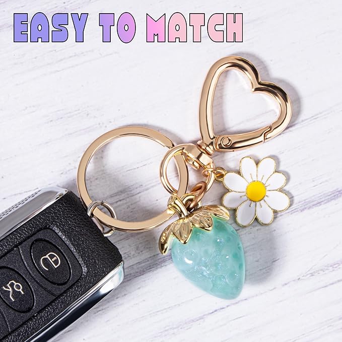 Wikavanli Cute Strawberry Keychain,Bag Charms,Kawaii Heart Flower Daisy Key chains Accessories Decor for Women Girls Purse