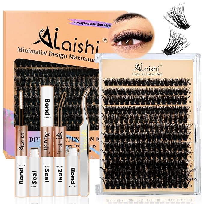 AILAISHI Lash Clusters Kit, DIY Cluster Eyelash Extensions 10‑20mm, 90D+100D, 202pcs Fluffy D Curl Natural Lashes with Bond & Seal,Tweezers–Fake Cat Eye Individual Clusters