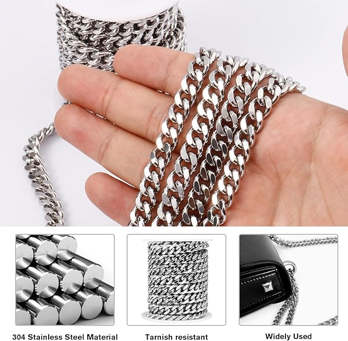 16.5 Feet Stainless Steel Cuban Chains Roll, 9mm Width Chunky Curb Link Chains Spool Bulk for Jewelry Meking