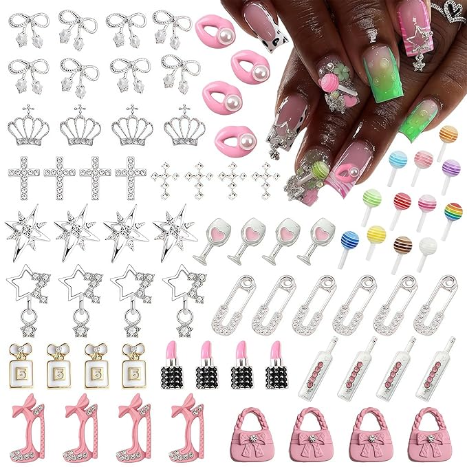 84 pcs 3D Sliver Pink Nail Charms Y2K Set Cute Nail Charms with Stars, Crowns, Crosses,Bins,Lollipops, Lips, Bottles, Cups, Perfume, Lipsticks, Bags, and Heels for Nail Art
