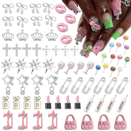 84 pcs 3D Sliver Pink Nail Charms Y2K Set Cute Nail Charms with Stars, Crowns, Crosses,Bins,Lollipops, Lips, Bottles, Cups, Perfume, Lipsticks, Bags, and Heels for Nail Art