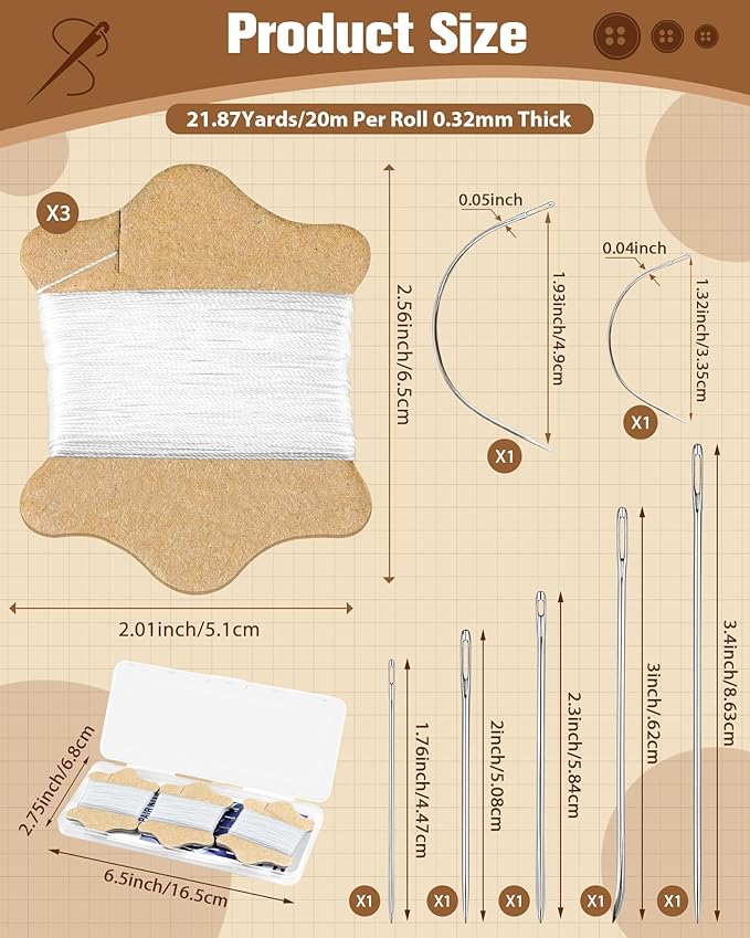 FIVEIZERO Upholstery Repair Sewing Kit, Leather Sewing Kit, 63 Yards Upholstery Thread& 7Pcs Heavy Duty Needles, Leather Thread, Curved Needles for Quilting & Hand Stitching (White)