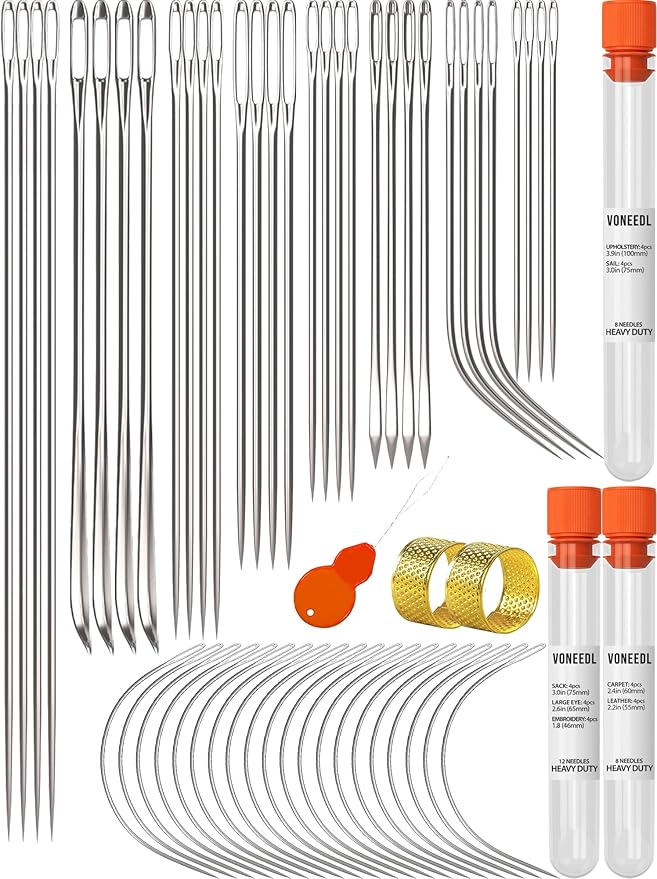VONEEDL Heavy Duty Hand Sewing Needles Set - 52 Straight and Curved Hand Sewing Needles for Upholstery, Leather, Carpet, Canvas Repair and Sail Crafts