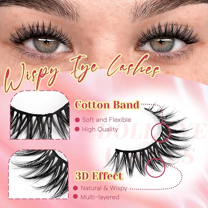 Ahrikiss Lashes Wispy False Eyelashes Natural Look 8 Pairs Faux Mink Lashes Kit with Lash Glue and Lash Tweezers Soft Lightweight Fake Lashes (Charm)