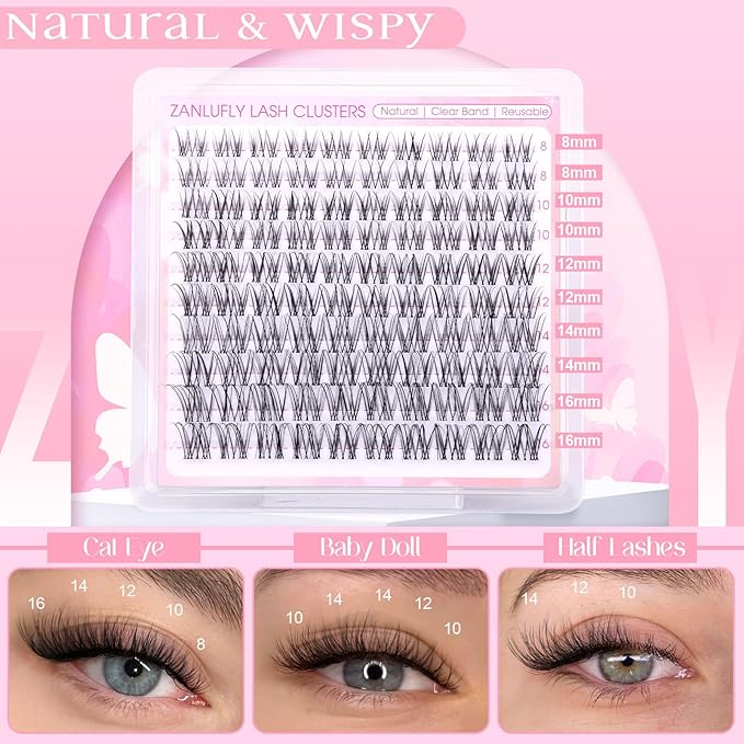 Natural Lash Clusters Kit Wispy Lash Extension Kit Invisible Band Eyelash Clusters C Curly 8-16MM DIY Cluster Eyelash Extensions with Lash Bond and Seal Tweezers Brushes by ZANLUFLY