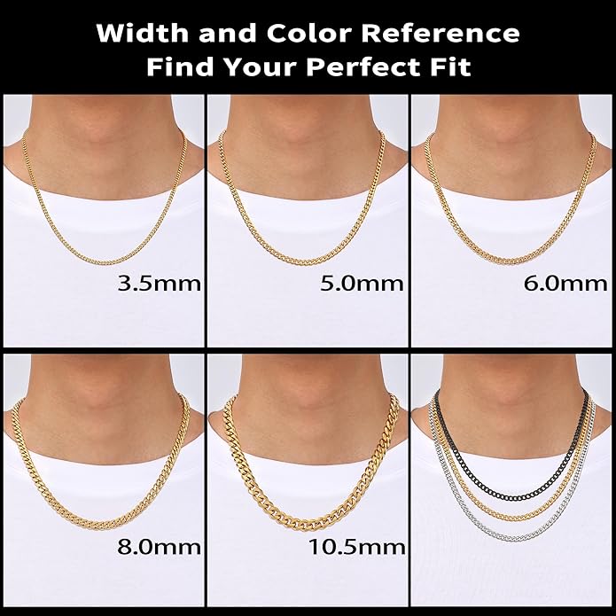 Fiusem 3.5mm Cuban Link Chains for Men, Silver Tone/Black/14K Gold Plated Stainless Steel Necklace Chain, Mens Necklace 16, 18, 20, 22, 24, 26, 28 Inch