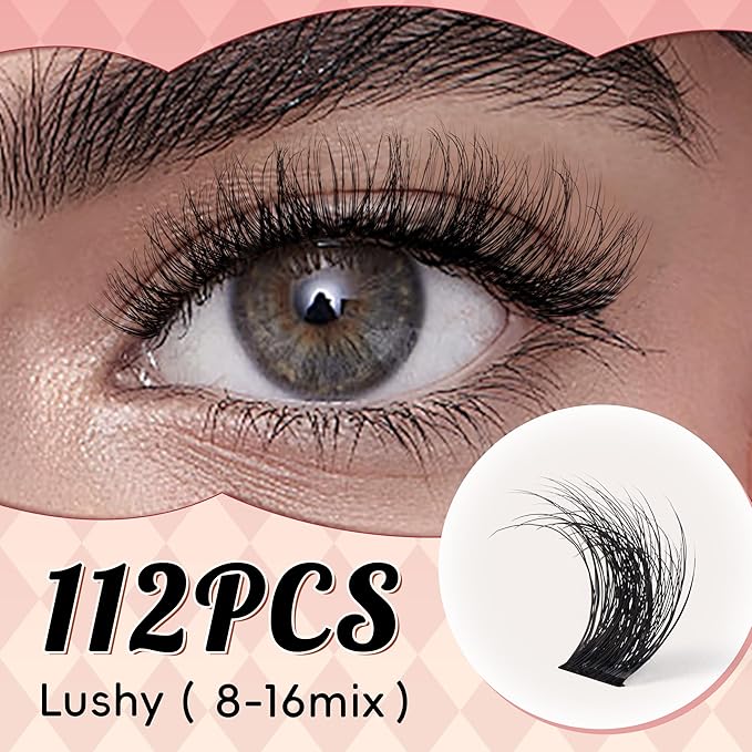 VYRILA Lash Clusters 0.05mm PBT Fiber Eyelash Clusters, 0.1mm Superfine Black Band D Curl Diy Lash Extension, 112pcs 8-16mm Individual Like Eyelash Extensions (Lushy-D-8-16Mix)