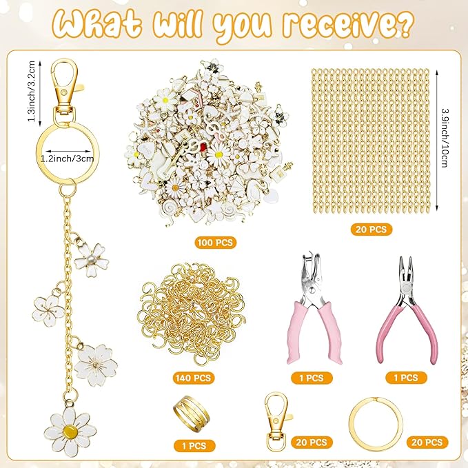 X-Kingsun 303 Pcs Lip Gloss Keychain Making Kit 100 White Lips Charms Jewelry Plier Keychains Clips Gold Extender Chains for Women DIY Crafting Making