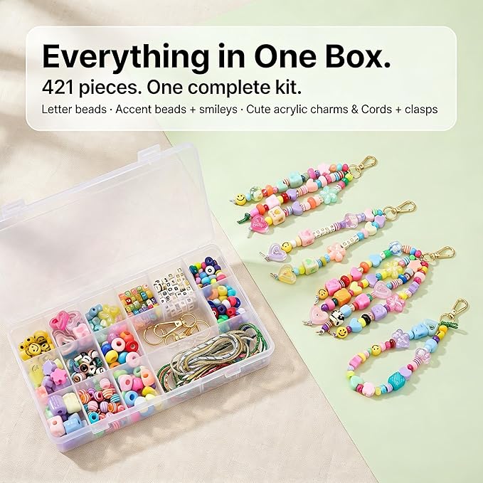 PinEther DIY Bag Charm Kit & Keychain Making Kit, 421 PCS Bead & Charm Set with A–Z Letter Beads, Strings & Clasps, Beaded Bag Charm Kit for Women & Adults, DIY Accessories, Gift Ready