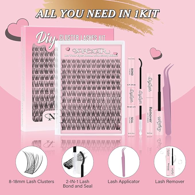 NYCAAR Lash Clusters Kit Wispy Natural Lash Extension Kit D Curl 144Pcs Fluffy Individual Lashes 8-18mm Anime Eyelash Extension Kit with Bond and Seal,Remover,Applicators DIY Lashes Kit at Home(NY03)
