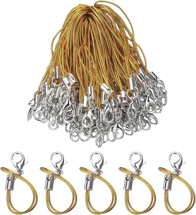 HARFINGTON 100Pcs Clasp Cords Clasp Strap Lanyard Charm Short Finger Rope with Lobster Clasp for Cellphone Cases Keychain DIY Jewelry Making, Gold Tone