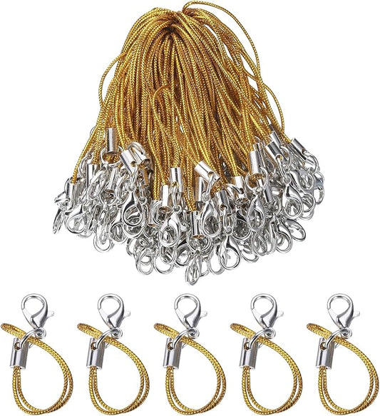 HARFINGTON 100Pcs Clasp Cords Clasp Strap Lanyard Charm Short Finger Rope with Lobster Clasp for Cellphone Cases Keychain DIY Jewelry Making, Gold Tone