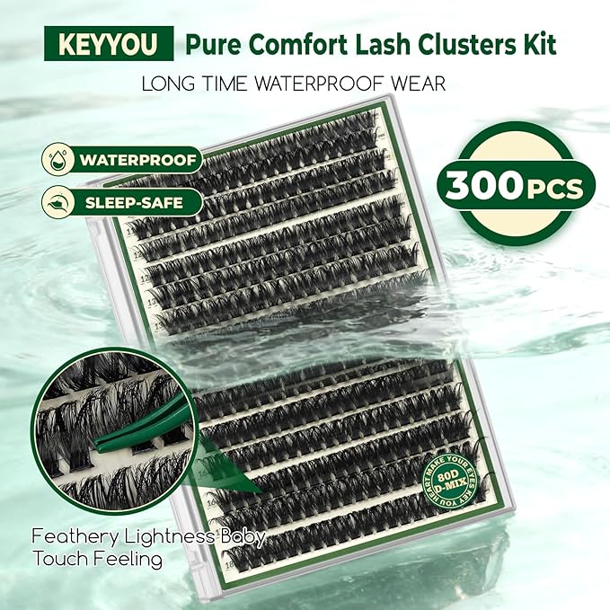 KEYYOU DIY Lash Extension Kit 300pcs 80D D Curl Soft Lash Clusters Easy to Apply with Lash Bond and Seal Applicator and Remover Eyelash Extension Kit at Home(RMkit-80D-D-9-18mix)