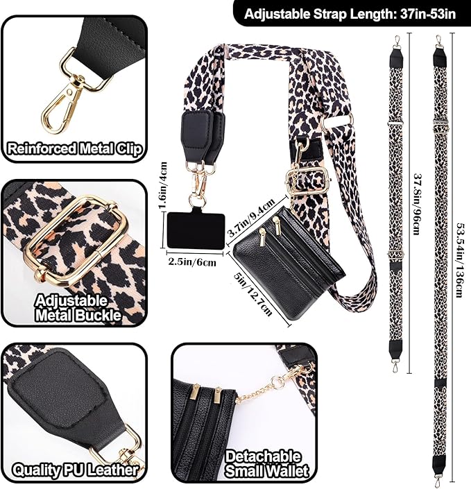XANGNIER Clip and Go Strap for Phone with Wallet Crossbody,Phone Strap with Zippered Wallet, Adjustable Anti Theft Cellphone Lanyard for Women, Cellphone Chain Accessories,Leopard