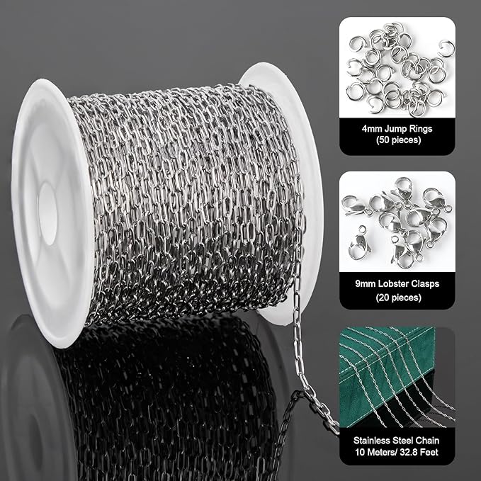 UMAOKANG 32.8 Feet Stainless Steel Paperclip Chain Bulk for Jewelry Making Small Craft Chain DIY Jewelry Supplies