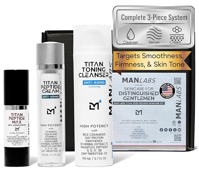 Man Labs Titan 3-Piece Anti-Aging Mens Skin Care Kit – Wash, Face Serum, Mens Face Moisturizer – Men, Skin Care Set – Dark Spots, Wrinkles, Fine Lines – Vitamin C, Peptides, Niacinamide, HA –Unscented