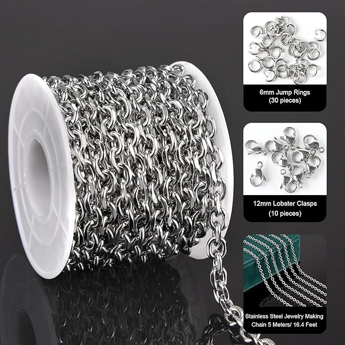 UMAOKANG 5 Meters Stainless Steel Jewelry Making Chain Roll Chunky Cable Chains for Men and Women Necklace DIY with Jump Rings and Lobster Clasps