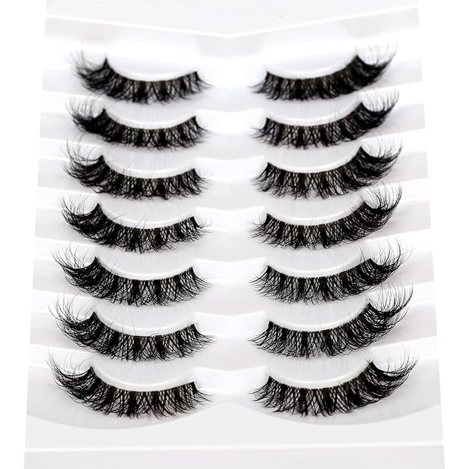 Pooplunch False Eyelashes Wispy Cat Eye Lashes Natural Short 8D Faux Mink Lashes Fake Eyelashes Strips 7 Pairs Pack
