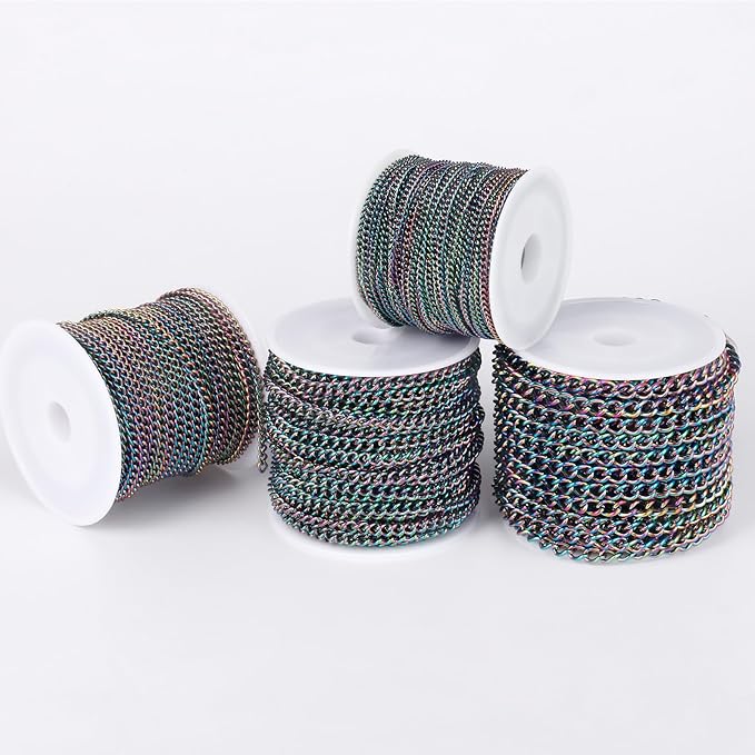 33FT Colorful Stainless Steel Curb Chains Roll, 3mm 304 Stainless Steel Multi Color Flat Twisted Links Curb Chains Bulk Spool for Jewelry Making DIY Craft