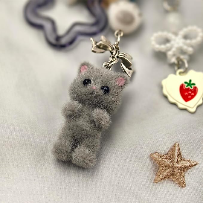 Cute Cat Keychain, Y2K Heart Bow Pendant, Kawaii Cat Bag Charm