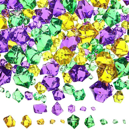 Syhood 570 Pcs 5 Sizes Mardi Gras Yellow Green and Purple Fake Crushed Ice Rocks Acrylic Crystal Gems Plastic Diamonds Marble for Carnival St. Patrick's Day Vase Fillers Table Scatter Room Decoration