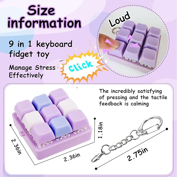 2 Pack 9 in 1 Keyboard Fidget Toy, Keyboard Fidget Keychain Anti-Stress Keyboard Decompression Button Finger Clicker Toys Stress Relief Fidget Gifts (Mix Purple)