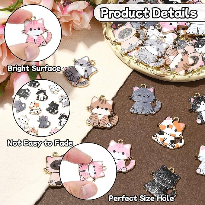 Stiesy 45 Pcs 9 Colors Enamel Cat Charms for Jewelry Making Kawaii Printed Kitten Animal Bracelet Charms for Jewelry Making Crafts DIY Necklace Earring