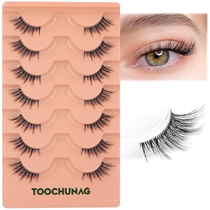 False Eyelashes Natural Half Lashes Wispy Manga Lashes C Curl Light Fake Eyelashes 7 Pairs Clear Band Pestañas Postizas by TOOCHUNAG