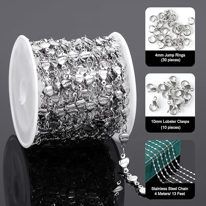 UMAOKANG 13 Feet Heart Chains Bulk on Spool Stainless Steel Chain for Jewelry Making with Jump Rings and Lobster Clasps