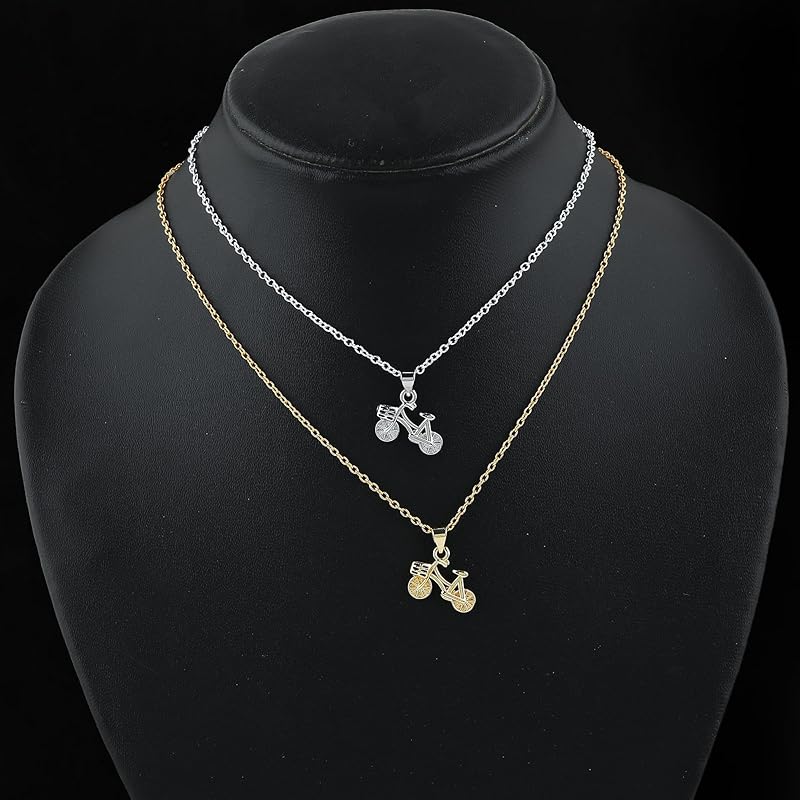 JOR Cycle Charm Pendant Necklace, Travel Lover Charm, Women Jewelry, Dainty Gold & Silver Plated Combo Chain 18 inch (Pack of 2)