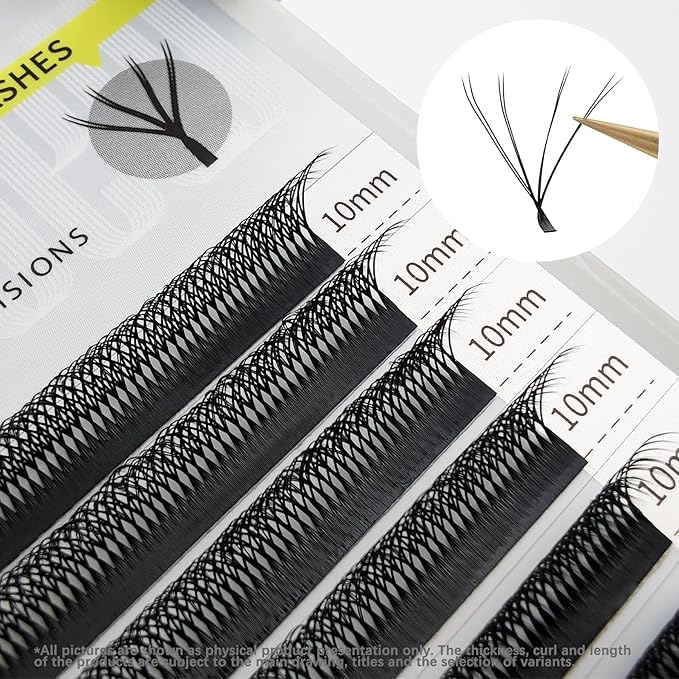 SEEDEW 4D-Double Tips Lash Extensions, 0.07mm C Curl 10mm 12 Rows/Tray, W Shape 4DD Flat Stem, PBT Volume False Eyelashes for Beginner Artist, Lash Tech, Beauty Salon(4DD-Matte Black-0.07-C-10mm)